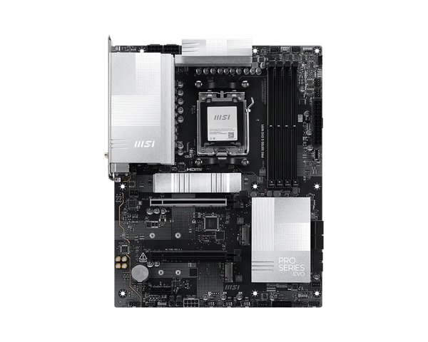 Материнская плата MSI PRO X870E-S EVO WIFI, AM5, AMD X870E, 4xDDR5 (до 256 ГБ), 4xSATA, 3xM.2 (1xPCIe 5.0, 2xPCIe 4.0), 1xPCIe 5.0 x16, 1xPCIe 4.0 x16, 1xPCIe x1, 1xHDMI, 1x5Gb LAN, Wi-Fi 7, Bluetooth 5.4, 1xUSB-C 40Gbps (USB4), 1xUSB-C 20Gbps, 2xUSB-A 10Gbps, 2xUSB-A 5Gbps, 4xUSB-A 2.0, 3x3.5 мм, 7