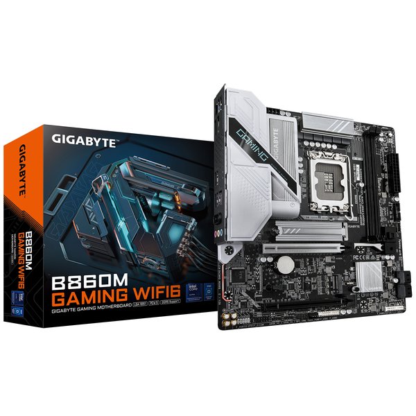 Материнская плата Gigabyte B860M GAMING WIFI6, LGA 1851, Intel B860, 2xDDR5, 4xSATA, 2xM.2, 1xPCIe 5.0 x16, 1xPCIe 4.0 x16, 1xHDMI, 1xDP, 1x2.5Gb LAN, Wi-Fi 6, Bluetooth 5.3, 3xUSB-A 5Gbps, 3xUSB-A 2.0, 1xPS/2, 3x3.5 мм, 7.1, mATX