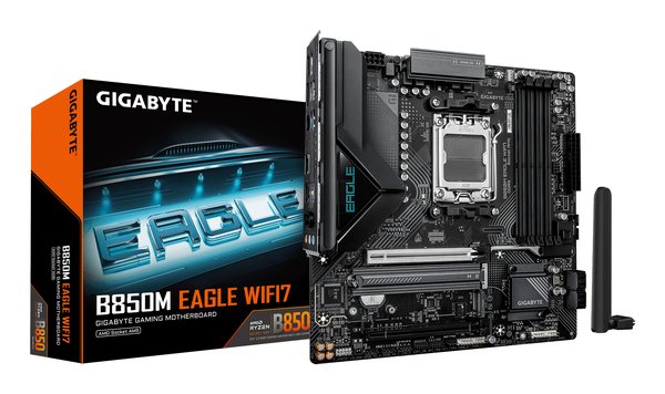 Материнская плата Gigabyte B850M EAGLE WIFI7, AM5, AMD B850, 4xDDR5, 4xSATA, 2xM.2, 1xPCIe 5.0 x16, 1xPCIe 3.0 x16, 1xHDMI, 2xDP, 1x2.5Gb LAN, Wi-Fi 7, Bluetooth 5.4, 1xUSB-C 10Gbps, 1xUSB-A 10Gbps, 2xUSB-A 5Gbps, 4xUSB-A 2.0, 1xPS/2, 3x3.5 мм, 7.1, mATX