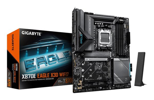 Материнская плата Gigabyte X870E EAGLE X3D WIFI7, AM5, AMD X870E, 4xDDR5, 4xSATA, 4xM.2, 1xPCIe 5.0 x16, 1xPCIe 4.0 x16, 1xPCIe 3.0 x16, 1xHDMI, 1x5Gb LAN, Wi-Fi 7, Bluetooth 5.4, 2xUSB-C 40Gbps (USB4), 1xUSB-C 10Gbps, 4xUSB-A 10Gbps, 4xUSB-A 5Gbps, 3x3.5 мм + S/PDIF оптический, 7.1, чёрный, с подсв