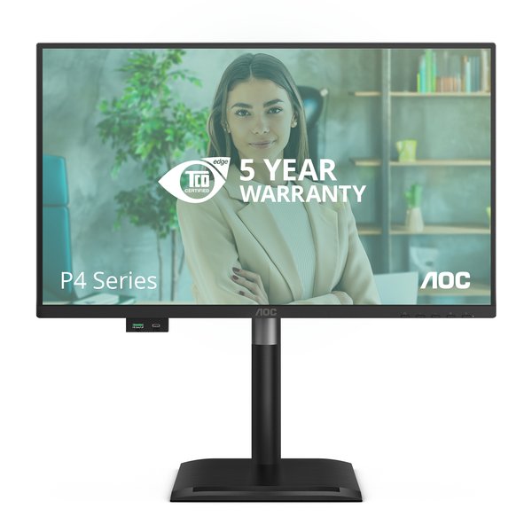 Монитор 23,8" AOC 1920x1080, WLED, 16:9, IPS, 300 cd, 1500:1, 20M:1, 4ms, 178°/178°, VGA, HDMI, DP, USB hub: USB3.2x3, USB3.2-B, USB-C(15W), 120Hz, Speak, Tilt, Height, Swivel, Pivot, Internal, VESA, Black,