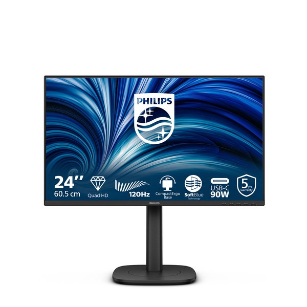 Монитор 23,8" Philips 24B2U3601 2560x1440, WLED, 16:9, IPS, 350cd, 1500:1, 4ms, 50M:1, 178/178, HDMI, DP, USB Hub: 4*USB3.2, USB-C(PD90W), RJ45, Speakers, 120Hz, Tilt, HAS, Swivel, Pivot, Internal, VESA, Bla