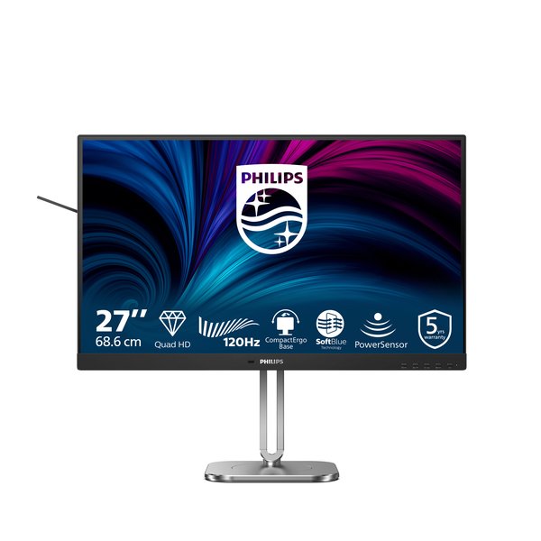 Монитор 27" Philips 27B2N4500 2560x1440, WLED, 16:9, IPS, 350cd, 4ms, 1500:1, 50M:1, 178/178, 2*HDMI, DP, USB Hub: 3*USB3.2, USB-C(15W) Speakers, 120Hz, Tilt, HAS, Swivel, Pivot, Internal, VESA, Black, 3y