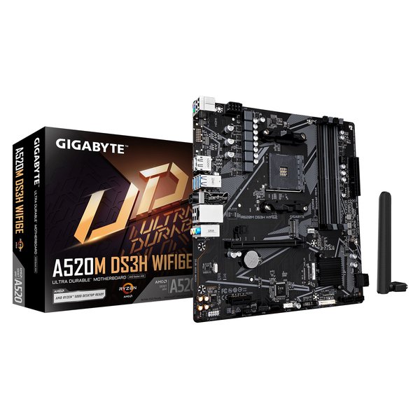 Материнская плата Gigabyte A520M DS3H WIFI6E, AM4, AMD A520, 4xDDR4, 4xSATA, 1xM.2, 1xPCIe 3.0 x16, 1xPCIe 3.0 x1, 1xHDMI, 1xDP, 1x1Gb LAN, Wi-Fi 6E, Bluetooth 5.3, 4xUSB-A 5Gbps, 4xUSB-A 2.0, 1xPS/2, 3x3.5 мм, 7.1, mATX