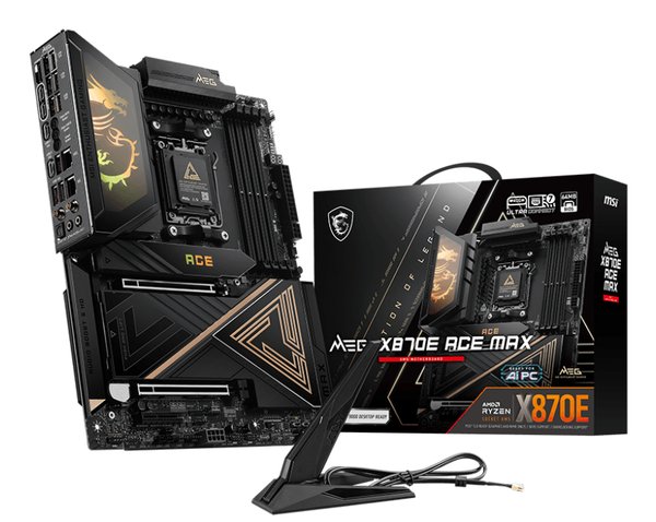 Материнская плата MSI MEG X870E ACE MAX, AM5, AMD X870E, 4xDDR5 (до 256 ГБ), 4xSATA, 5xM.2 (2xPCIe 5.0, 3xPCIe 4.0), 2xPCIe 5.0 x16, 1xPCIe x4, 1xHDMI, 1x5Gb LAN, 1x10Gb LAN, Wi-Fi 7, Bluetooth 5.4, 2xUSB-C 40Gbps (USB4), 2xUSB-C 20Gbps, 2xUSB-A 10Gbps, 7xUSB-A 5Gbps, 3x3.5 мм + S/PDIF оптический, 7