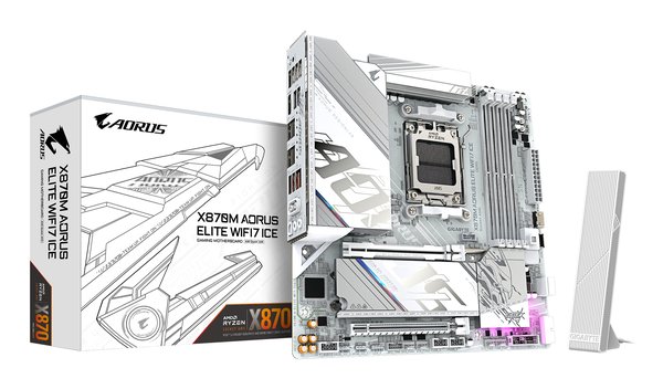 Материнская плата Gigabyte X870M AORUS ELITE WIFI7 ICE, AM5, AMD X870, 4xDDR5, 2xSATA, 2xM.2, 1xPCIe 5.0 x16, 1xPCIe 4.0 x16, 1xHDMI, 1x2.5Gb LAN, Wi-Fi 7, Bluetooth 5.4, 2xUSB-C 40Gbps (USB4), 2xUSB-A 10Gbps, 4xUSB-A 5Gbps, 4xUSB-A 2.0, 3x3.5 мм + S/PDIF оптический, 7.1, белый, mATX