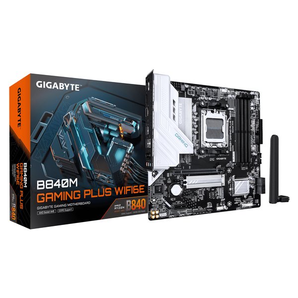Материнская плата Gigabyte B840M GAMING PLUS WIFI6E, AM5, AMD B840, 4xDDR5, 4xSATA, 2xM.2, 1xPCIe 4.0 x16, 1xPCIe x1, 1xHDMI, 2xDP, 1x1Gb LAN, Wi-Fi 6E, Bluetooth 5.3, 1xUSB-C 10Gbps, 1xUSB-C 5Gbps, 1xUSB-A 10Gbps, 1xUSB-A 5Gbps, 3xUSB-A 2.0, 3x3.5 мм, 7.1, mATX