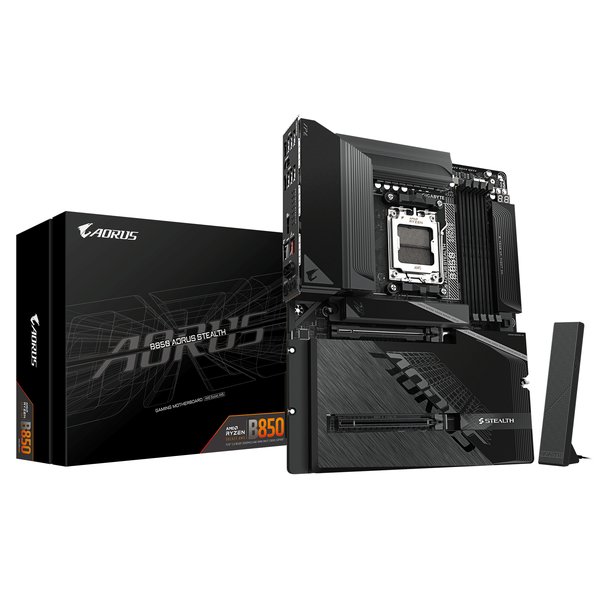 Материнская плата Gigabyte B850 AORUS STEALTH, AM5, AMD B850, 4xDDR5, 2xSATA, 4xM.2, 1xPCIe 5.0 x16, 1xPCIe 4.0 x16, 1xHDMI, 1x5Gb LAN, Wi-Fi 7, Bluetooth 5.4, 1xUSB-C 10Gbps, 2xUSB-A 10Gbps, 4xUSB-A 5Gbps, 4xUSB-A 2.0, 3x3.5 мм + S/PDIF оптический, 7.1, ATX
