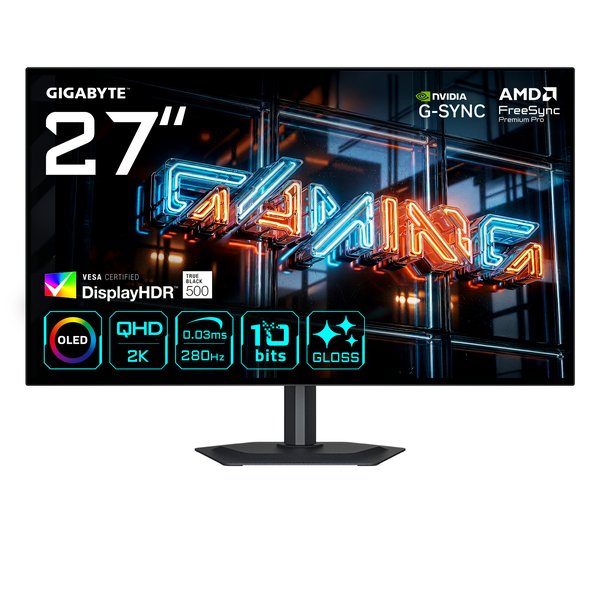 Монитор Gigabyte 27" MO27Q28GR черный OLED LED 0.03ms 16:9 HDMI M/M глянцевая HAS Piv 1500000:1 335cd 178гр/178гр 2560x1440 280Hz DP 2K USB 6.7кг