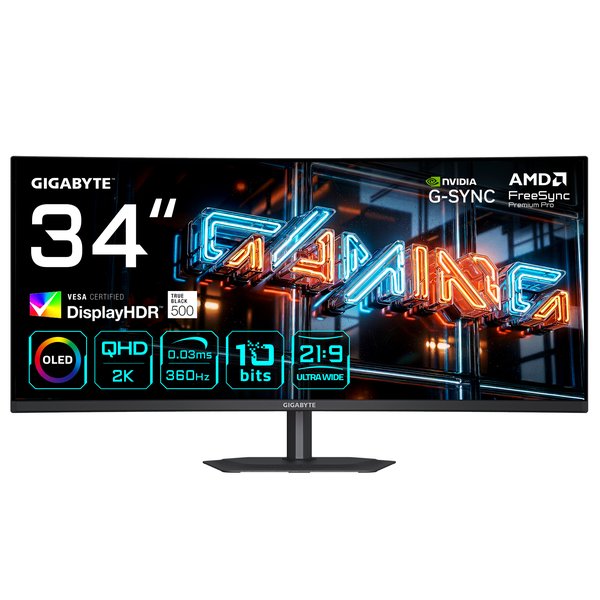 Монитор Gigabyte 34" MO34WQC36 черный OLED LED 21:9 HDMI M/M матовая HAS Piv 1500000:1 300cd 178гр/178гр 3440x1440 360Hz DP UW USB 9.86кг