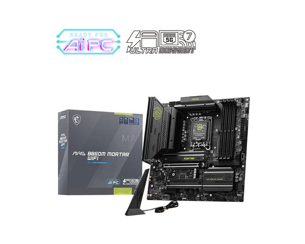Материнская плата MSI MAG B860M MORTAR WIFI, LGA 1851, Intel B860, 4xDDR5 (до 256 ГБ), 4xSATA, 3xM.2 (1xPCIe 5.0, 2xPCIe 4.0), 1xPCIe 5.0 x16, 1xPCIe 4.0 x4, 1xHDMI, 1xDP, 1x5Gb LAN, Wi-Fi 7, Bluetooth 5.4, 1xUSB-C 40Gbps (Thunderbolt 4), 1xUSB-C 10Gbps, 3xUSB-A 10Gbps, 4xUSB-A 2.0, 3x3.5 мм + S/PDI
