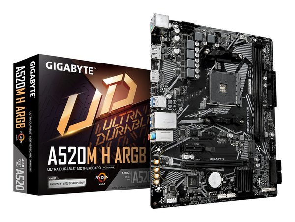 Материнская плата Gigabyte A520M H ARGB, AM4, AMD A520, 2xDDR4, 4xSATA, 1xM.2, 1xPCIe 3.0 x16, 1xPCIe x1, 1xHDMI, 1xDP, 1x1Gb LAN, 4xUSB-A 5Gbps, 2xUSB-A 2.0, 1xPS/2, 3x3.5 мм, 7.1, mATX
