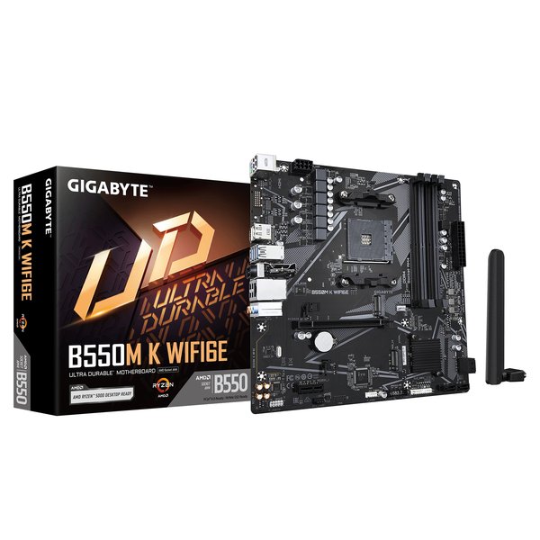 Материнская плата Gigabyte B550M-K WIFI6E, AM4, AMD B550, 4xDDR4, 4xSATA, 2xM.2, 1xPCIe 4.0 x16, 1xPCIe 3.0 x1, 1xHDMI, 1xDP, 1x1Gb LAN, Wi-Fi 6E, Bluetooth 5.3, 4xUSB-A 5Gbps, 4xUSB-A 2.0, 1xPS/2, 3x3.5 мм, 7.1, mATX