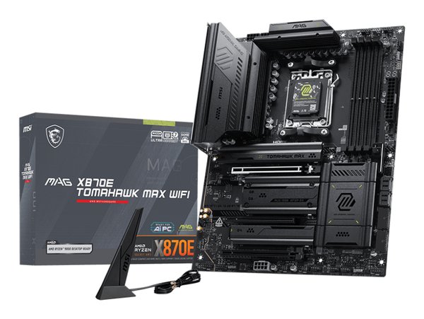Материнская плата MSI MAG X870E TOMAHAWK MAX WIFI, AM5, AMD X870E, 4xDDR5 (до 256 ГБ), 4xSATA, 4xM.2 (2xPCIe 5.0, 2xPCIe 4.0), 1xPCIe 5.0 x16, 1xPCIe 4.0 x16, 1xPCIe 3.0 x16, 1xHDMI, 1x5Gb LAN, Wi-Fi 7, Bluetooth 5.4, 2xUSB-C 40Gbps (USB4), 1xUSB-C 10Gbps, 2xUSB-A 10Gbps, 3xUSB-A 5Gbps, 4xUSB-A 2.0,