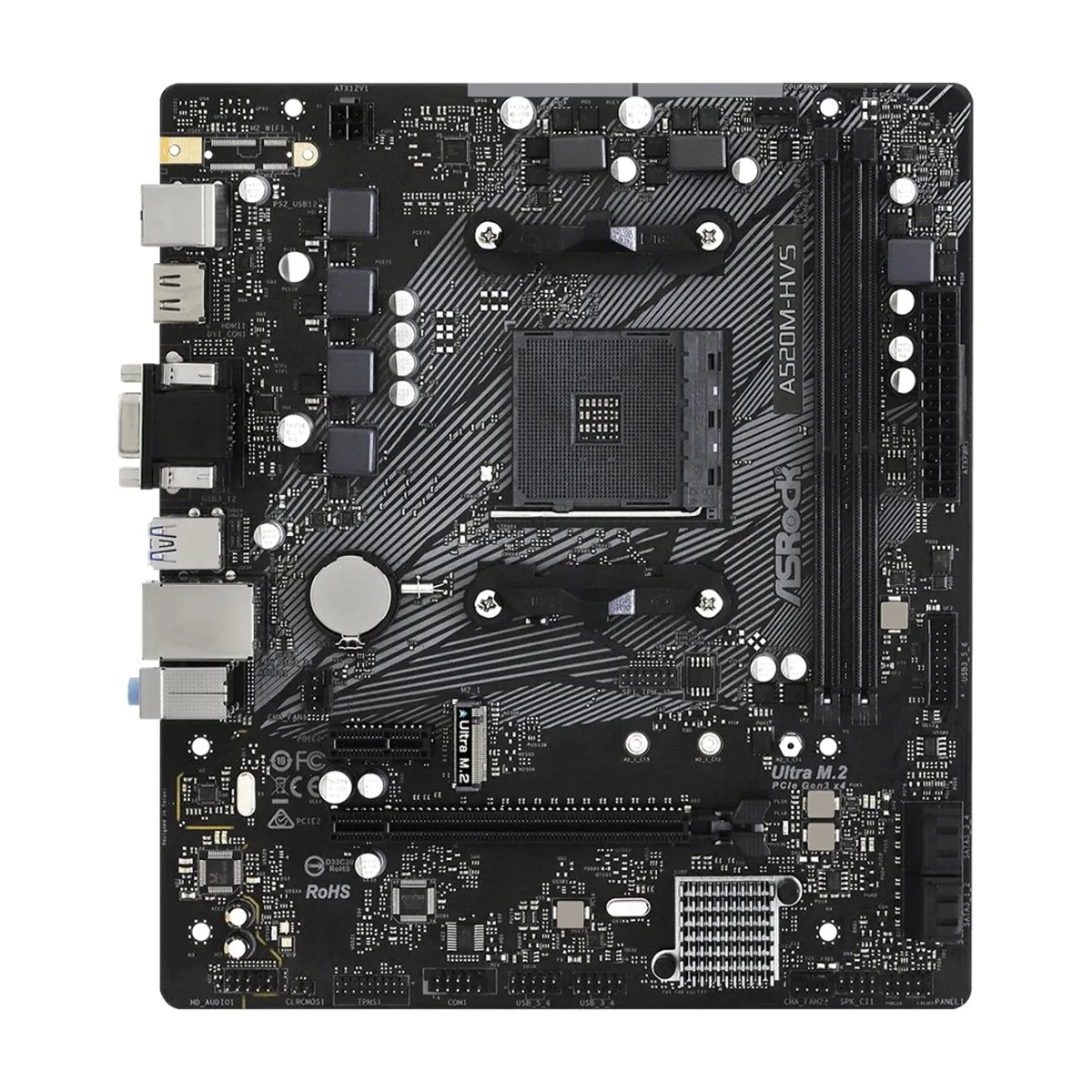 Материнская плата ASRock A520M-HVS, AM4, AMD A520, 2xDDR4, 4xSATA, 1xM.2, 1xPCIe 3.0 x16, 1xPCIe 3.0 x1, 1xHDMI, 1xVGA, 1x 1Gb LAN, 3x3.5 мм, 7.1, mATX