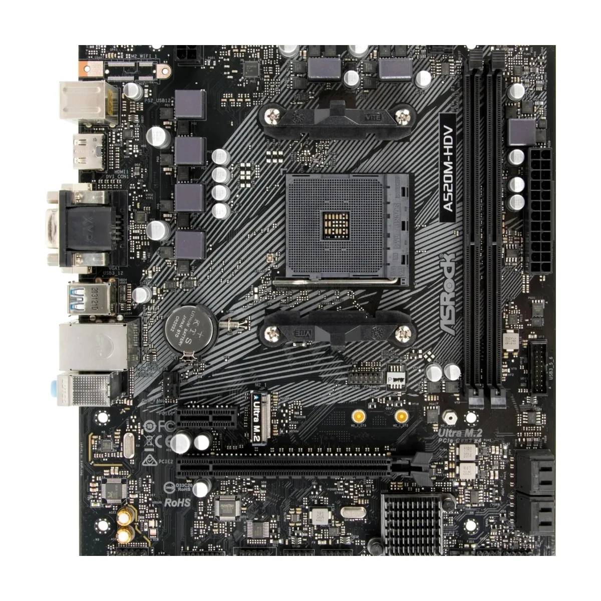 Материнская плата ASRock A520M-HDV, AM4, AMD A520, 2xDDR4, 4xSATA, 1xM.2, 1xPCIe 3.0 x16, 1xPCIe 3.0 x1, D-Sub, DVI-D, HDMI, 1x 1Gb LAN, 6xUSB, 7.1, microATX