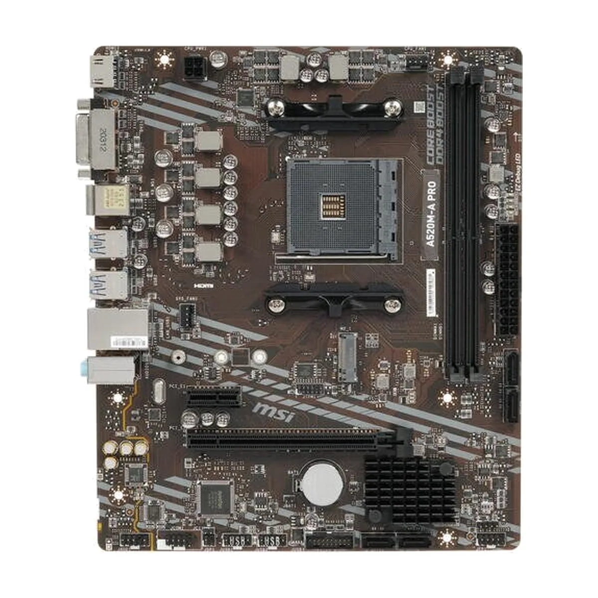 Материнская плата MSI A520M-A PRO, AM4, AMD A520, 2xDDR4, 4xSATA, 1xM.2, 1xPCIe 3.0 x16, DVI-D, HDMI, 1x1Gb LAN, 3x3.5 мм, 7.1, microATX