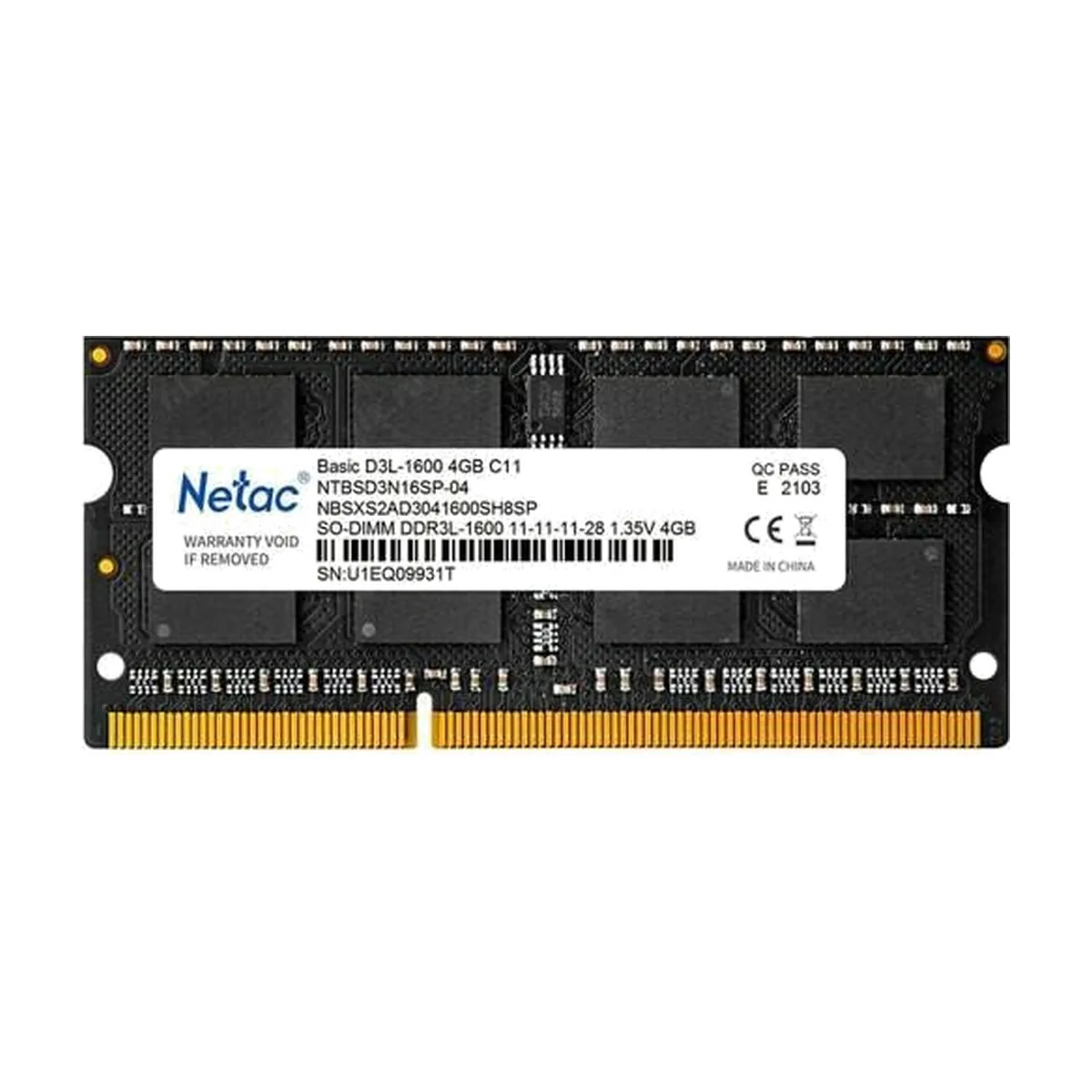 Оперативная память NETAC Basic, DDR3L, 4GB (1x4GB), 1600MHz, CL11, SO-DIMM