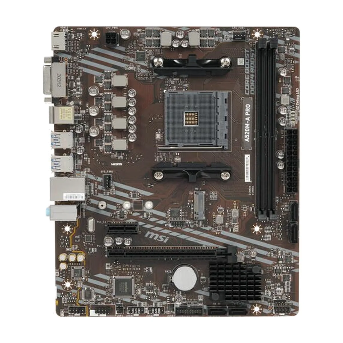 Материнская плата MSI A520M PRO, AM4, AMD A520, 2xDDR4, 4xSATA, 1xM.2, 1xPCIe 3.0 x16, DisplayPort, HDMI, D-Sub, 1x1Gb LAN, 3x3.5 мм, 7.1, microATX