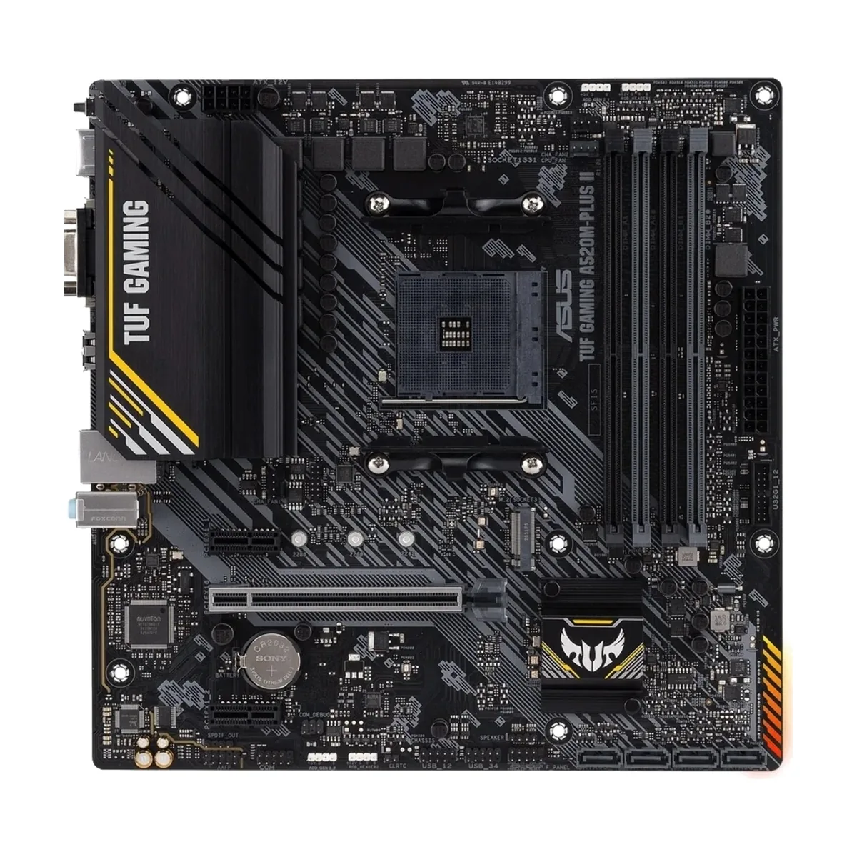 Материнская плата Asus TUF GAMING A520M-PLUS II , AM4, AMD A520, 4xDDR4, 4xSATA, 2xM.2, 1xPCIe 3.0 x16, 2xPCIe 3.0 x1, 1xVGA, 1xDVI, 1xHDMI, 1x1Gb LAN, 1xUSB-A 10Gbps, 4xUSB-A 5Gbps, 2xUSB-A 2.0, 3x3.5 мм, 7.1, mATX