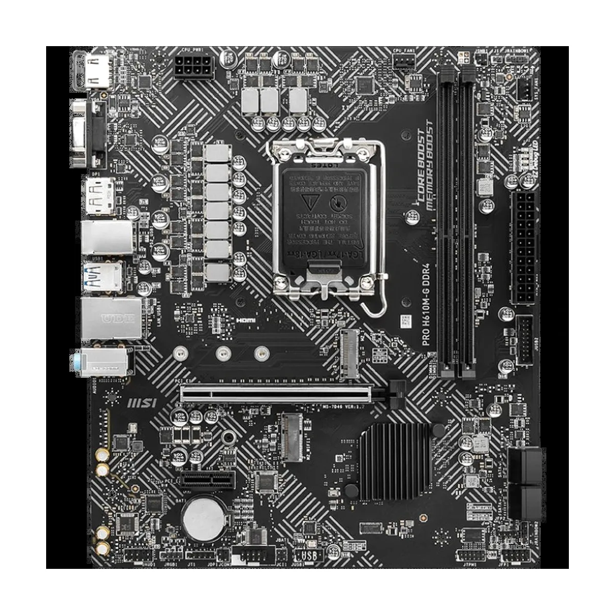 Материнская плата MSI PRO H610M-G DDR4, LGA1700, Intel H610, 2xDDR4, 4xSATA, 1xM.2, 1xPCIe 4.0 x16, 1xPCIe x1, DisplayPort, HDMI, D-Sub, 1x1Gb LAN, 3x3.5 мм, 7.1, microATX
