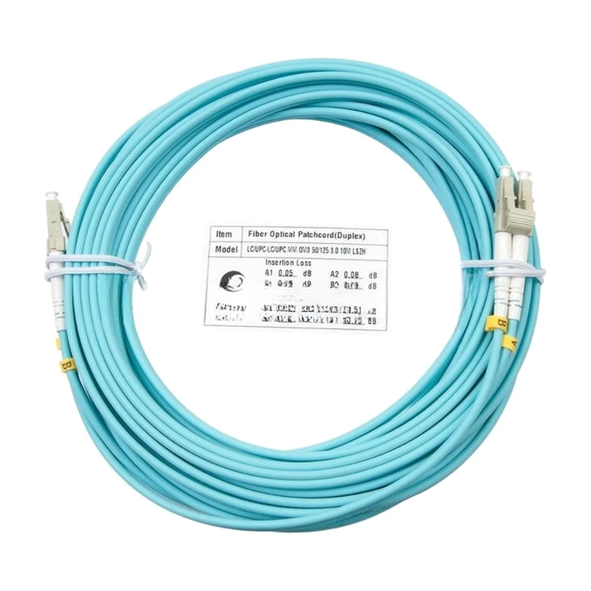 Патч-корд оптический Cabeus Tight Buffer FOP-50-LC-LC-15m Duplex LC/LC, OM3 50/125, LSZH, 15м, Ø 3мм, серый хвостовик, аква