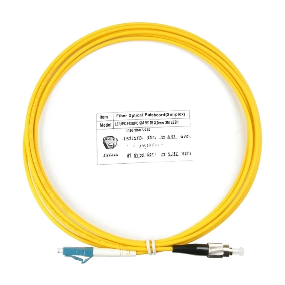 Патч-корд оптический Cabeus Tight Buffer, Simplex FC/LC, OS2 9/125, LSZH, 3м, Ø 3мм, чёрный хвостовик, жёлтый