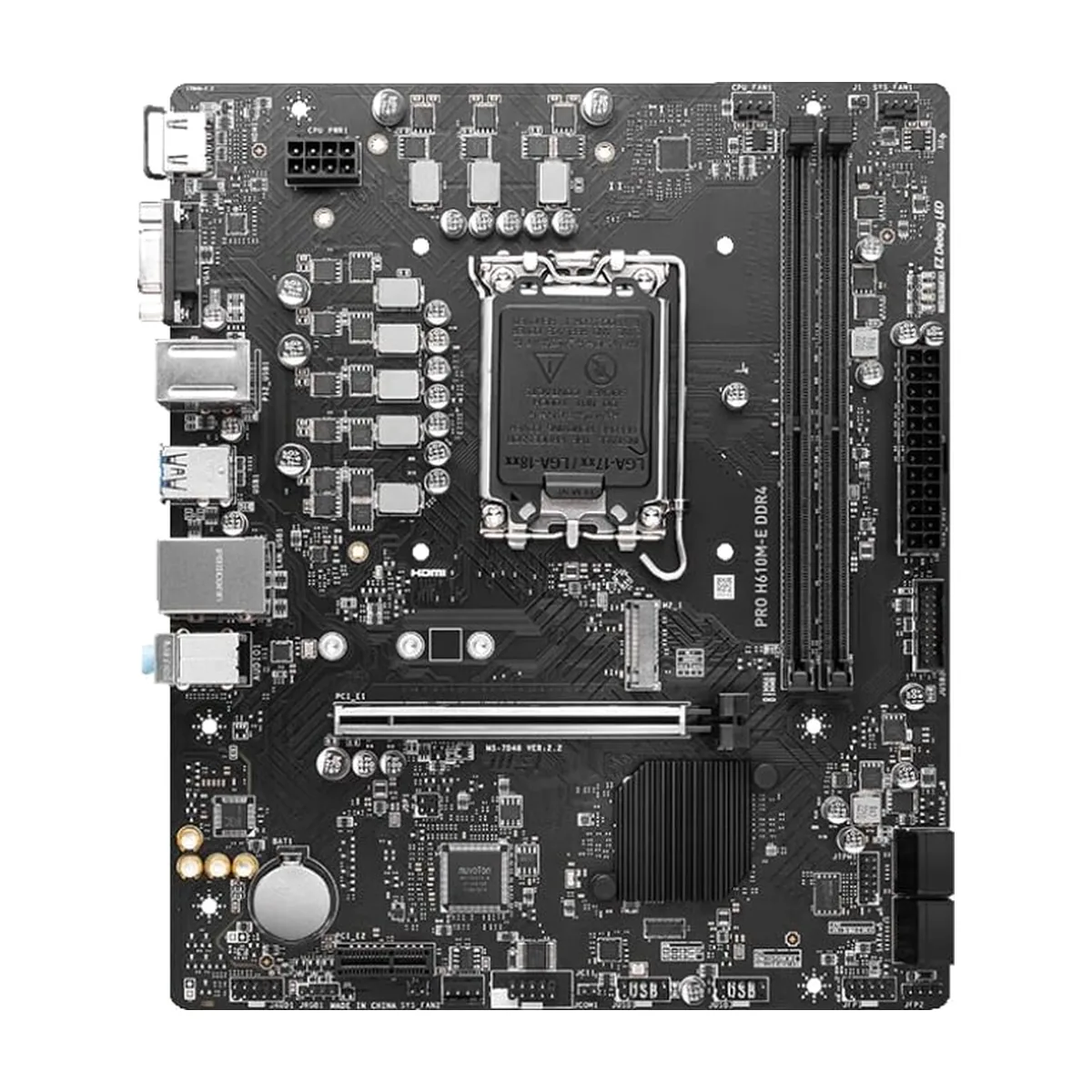 Материнская плата MSI PRO H610M-E DDR4, LGA1700, Intel H610, 2xDDR4, 4xSATA, 1xM.2, 1xPCIe 4.0 x16, 1xPCIe x1, HDMI, D-Sub, 1x1Gb LAN, 3x3.5 мм, 7.1, microATX