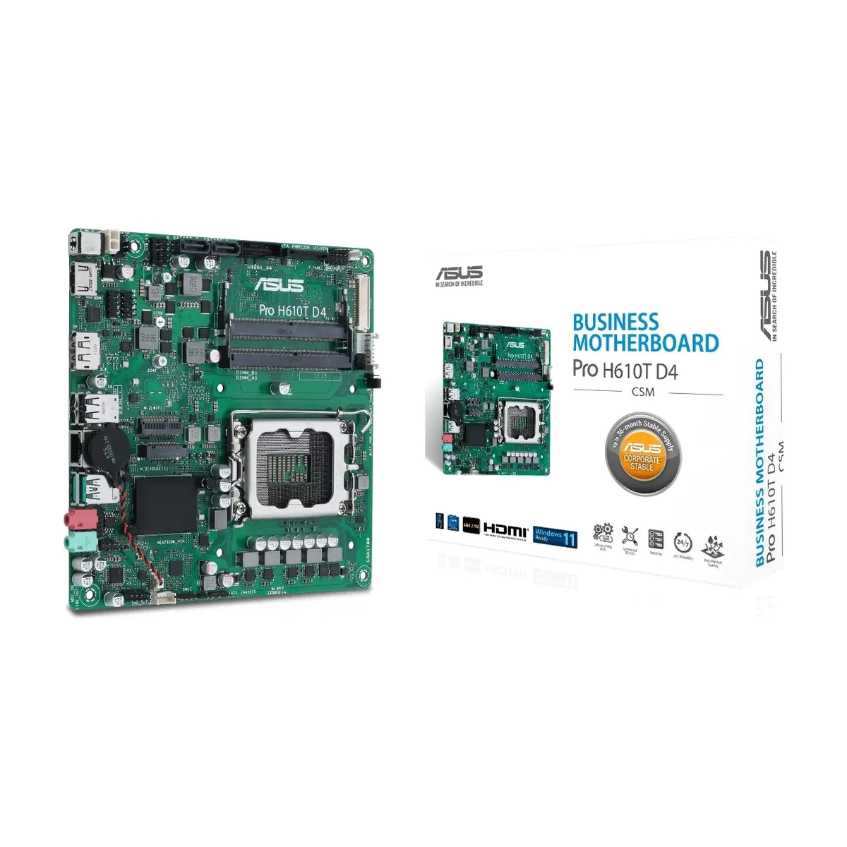 Материнская плата ASUS Pro H610T D4-CSM, LGA1700, Intel H610, 2xDDR4 SO-DIMM, 2xSATA, 1xM.2 PCIe 4.0, 1xDisplayPort, 1xHDMI, 1x 1Gb LAN, 2xUSB 3.2 Gen 2, 2xUSB 2.0, 2x3.5 мм, 7.1, mini-ITX