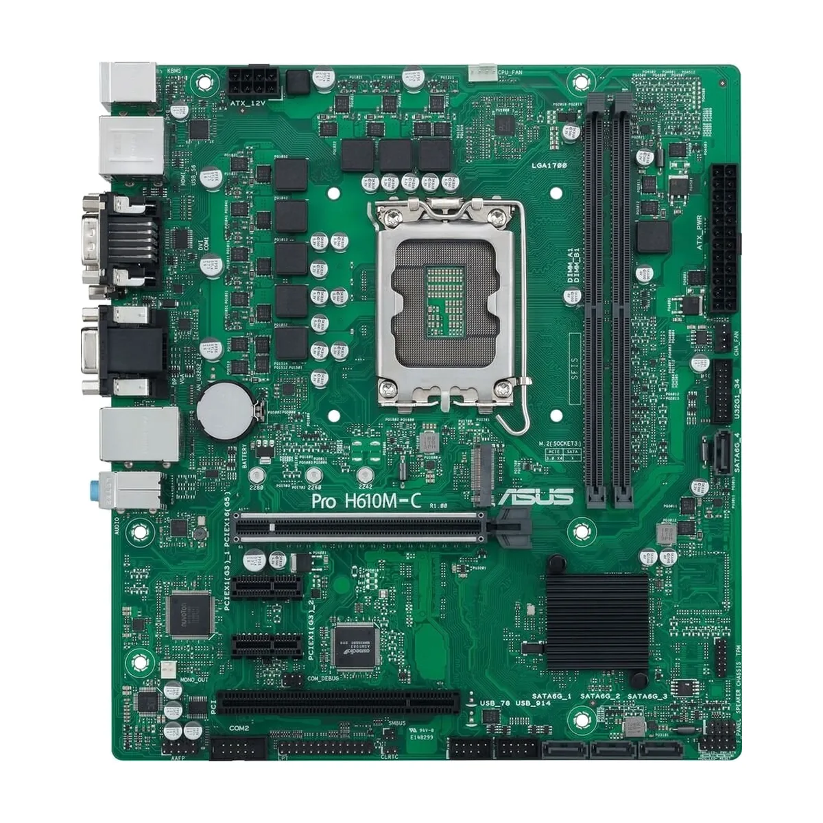 Материнская плата ASUS Pro H610M-C-CSM, LGA1700, Intel H610, 2xDDR5, 4xSATA, 1xM.2, 1xPCIe 5.0 x16, 2xPCIe x1, 1xPCI, DisplayPort, HDMI, D-Sub, DVI-D, 1x1Gb LAN, COM, 3x3.5 мм, 7.1, microATX
