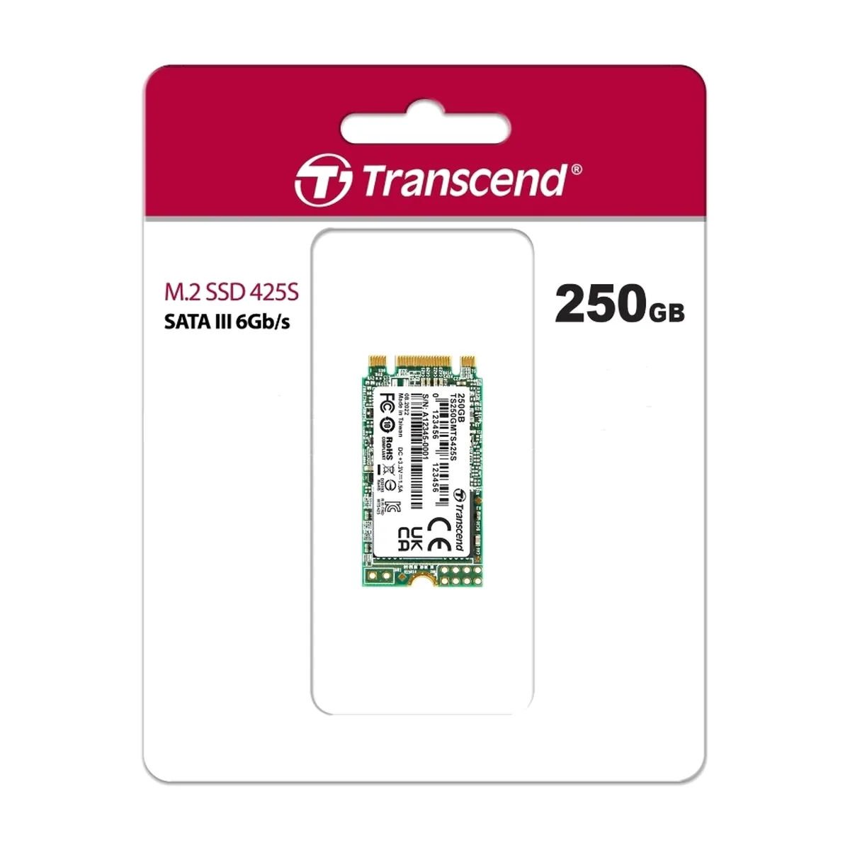 Накопитель SSD M.2 Transcend 250Gb MTS425 TS250GMTS425S (SATA3, up to 500/330MBs, 3D NAND, 90TBW, 22x42мм)