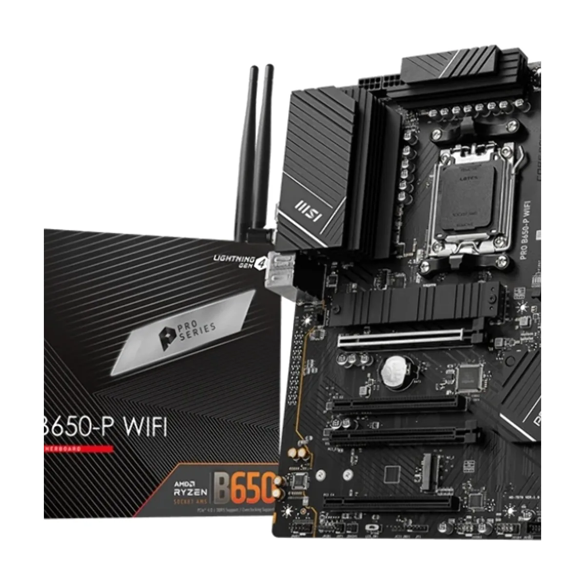 Материнская плата MSI PRO B650-P WIFI, AM5, AMD B650, 4xDDR5, 6xSATA, 2xM.2 (PCIe 4.0), 2xPCIe 4.0 x16, 2xPCIe 3.0 x16, 1xHDMI, 1xDP, 1x2.5Gb LAN, Wi-Fi, Bluetooth, 1xUSB-C 20Gbps, 3xUSB-A 10Gbps, 4xUSB-A 5Gbps, 3x3.5 мм, 7.1, чёрный, ATX