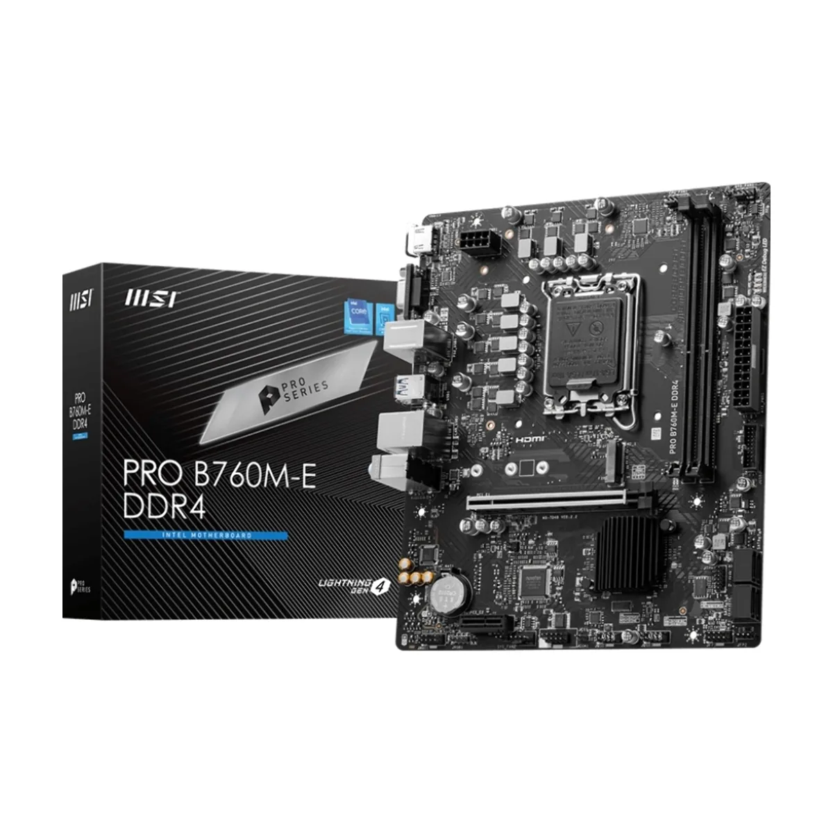 Материнская плата MSI PRO B760M-E DDR4, LGA1700, Intel B760, 2xDDR4, 4xSATA, 1xM.2, 1xPCIe 4.0 x16, HDMI, D-Sub, 1x1Gb LAN, 3x3.5 мм, 7.1, microATX