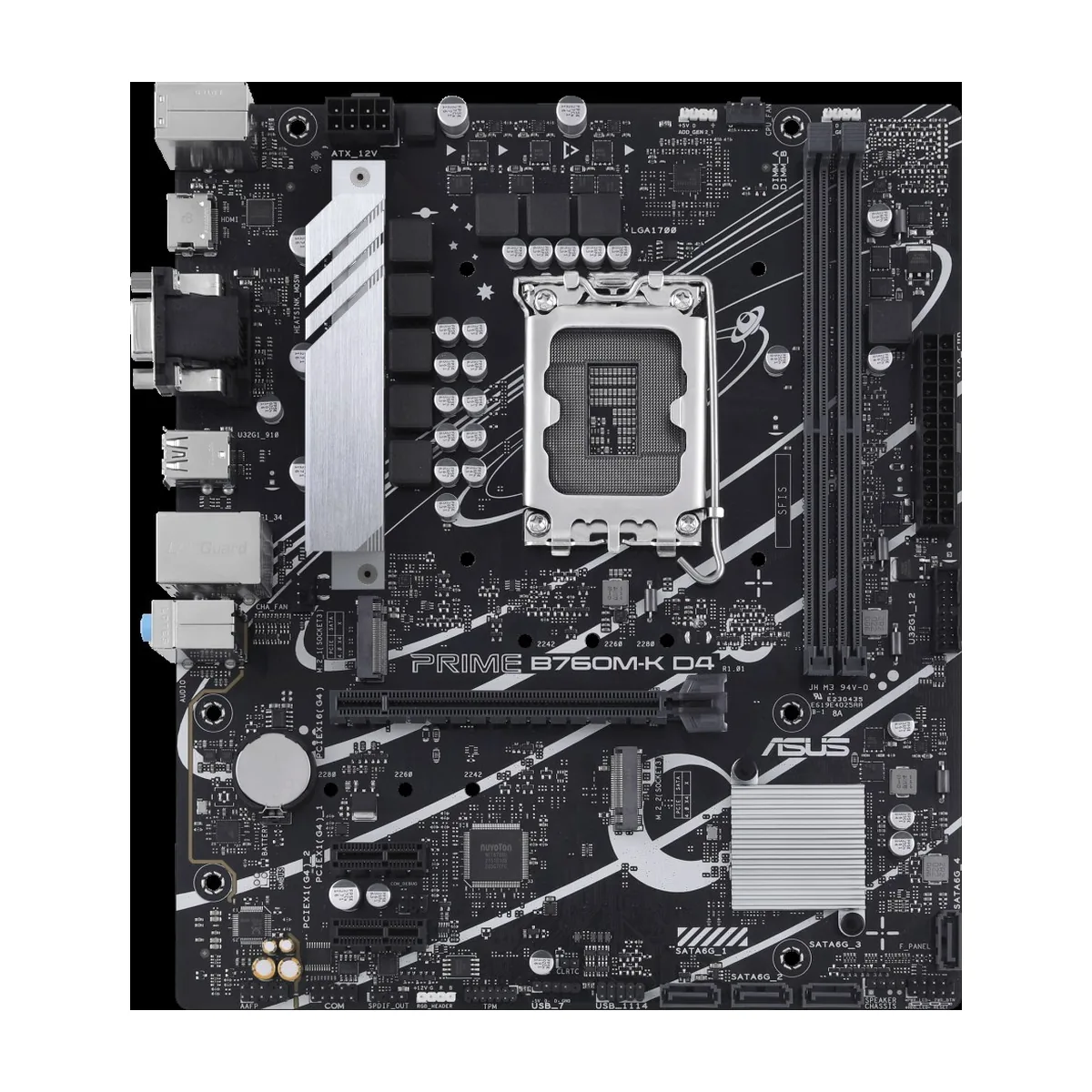 Материнская плата ASUS PRIME B760M-K D4, LGA1700, Intel B760, 2xDDR4, 4xSATA, 2xM.2, 1xPCIe 4.0 x16, 2xPCIe x1, HDMI, D-Sub, 1x2.5Gb LAN, 3x3.5 мм, 7.1, microATX