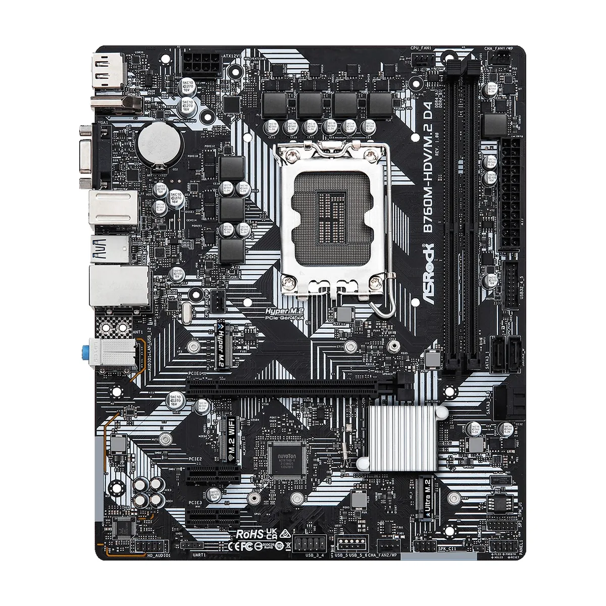 Материнская плата ASRock B760M-HDV/M.2 D4, LGA1700, Intel B760, 2xDDR4, 4xSATA, 2xM.2, 1xPCIe 4.0 x16, 2xPCIe 3.0 x1, 1xD-Sub, 1xHDMI, 1xDisplayPort, 1x 1Gb LAN, 1xUSB 3.2 Gen1 Type-C, 3xUSB 3.2 Gen1 Type-A, 2xUSB 2.0, 3x3.5 мм, 7.1, microATX