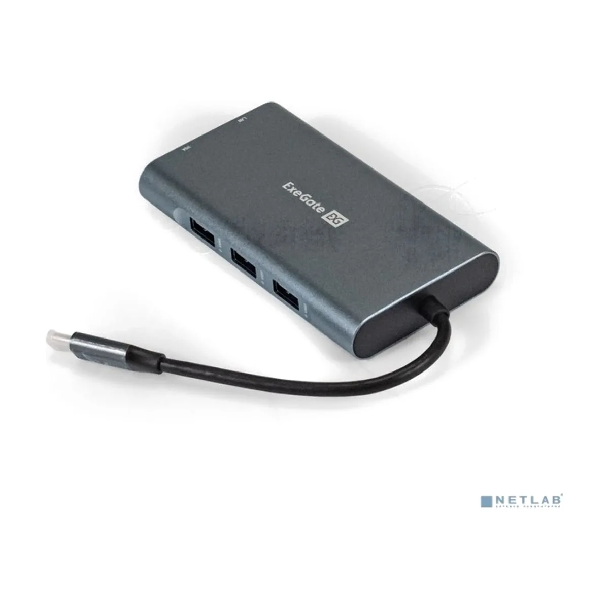 USB-концентратор ExeGate EX293985RUS DUB-31C/MAX (кабель-адаптер USB Type-C --> 3xUSB3.0 + Card Reader + PD 100W + HDMI 4K@30Hz + VGA + Audio + Lan RJ45 10/100/1000Mb, Plug&Play, серый)