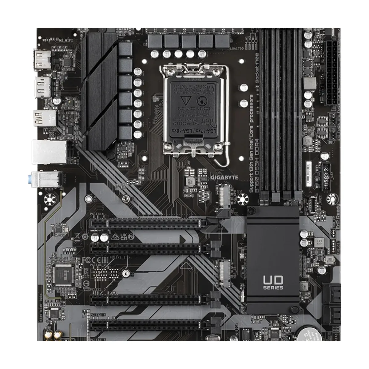 Материнская плата GIGABYTE B760 DS3H DDR4, LGA1700, Intel B760, 4xDDR4, 4xSATA, 2xM.2, 1xPCIe 4.0 x16, DisplayPort, HDMI, 1x1Gb LAN, USB Type-C, 3x3.5 мм, 7.1, ATX