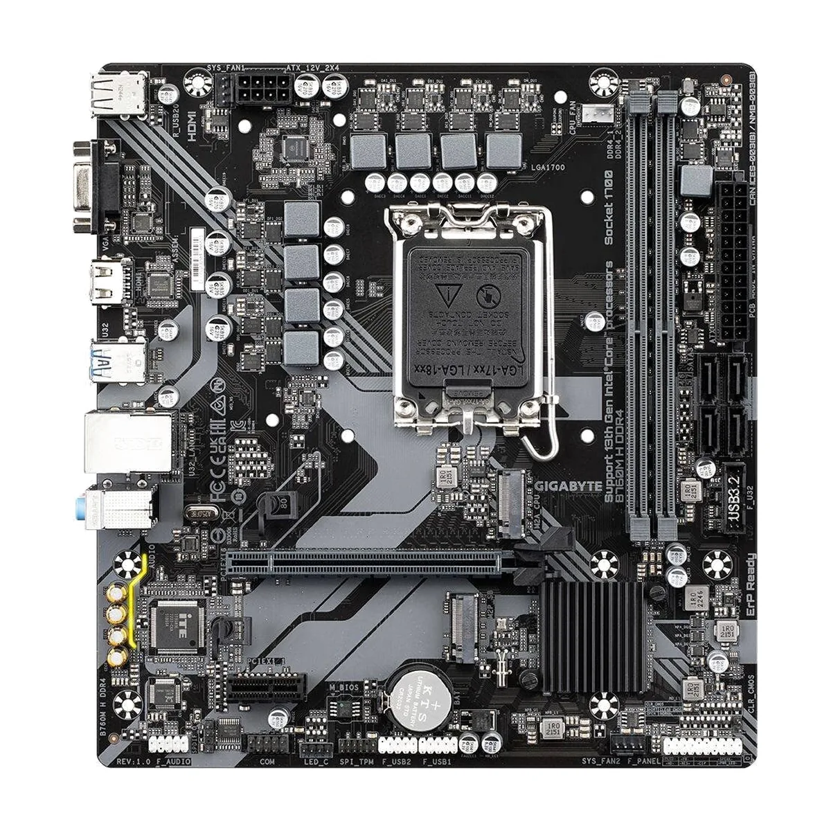 Материнская плата GIGABYTE B760M H DDR4, LGA1700, Intel B760, 2xDDR4, 4xSATA, 2xM.2, 1xPCIe 4.0 x16, 1xPCIe x1, HDMI, D-Sub, 1x1Gb LAN, 3x3.5 мм, 7.1, microATX