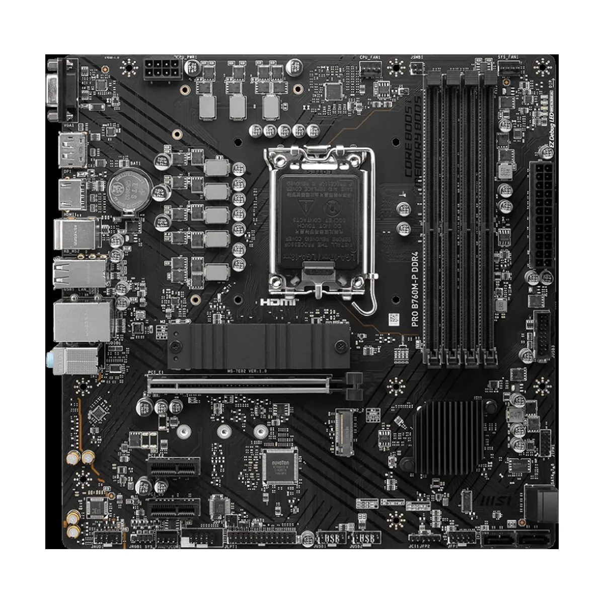 Материнская плата MSI PRO B760M-P, LGA1700, Intel B760, 4xDDR5, 4xSATA, 2xM.2, 1xPCIe 4.0 x16, 2xPCIe x1, DisplayPort, HDMI, D-Sub, 1x1Gb LAN, USB Type-C, 3x3.5 мм, 7.1, microATX