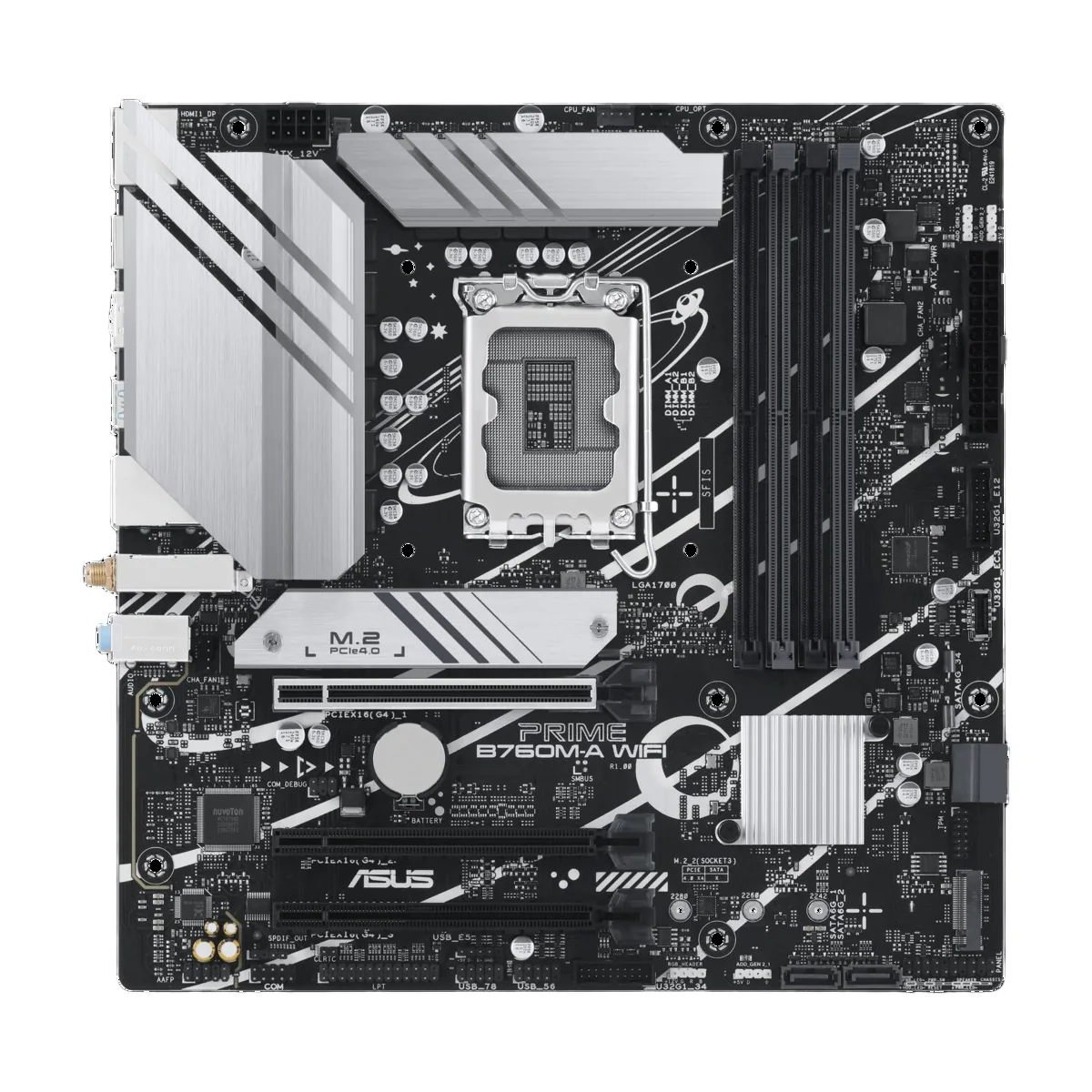Материнская плата ASUS PRIME B760M-A WIFI, LGA1700, Intel B760, 4xDDR5, 4xSATA, 2xM.2, 3xPCIe x16, DisplayPort, HDMI, 1x2.5Gb LAN, 3x3.5 мм, 7.1, microATX