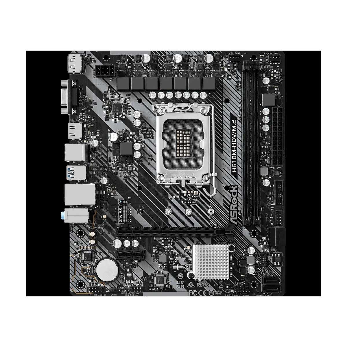 Материнская плата ASRock H610M-HDV/M.2 R2.0, LGA1700, Intel H610, 2xDDR4, 4xSATA, 1xM.2, 1xPCIe 4.0 x16, DisplayPort, HDMI, D-Sub, 1x1Gb LAN, 3x3.5 мм, 7.1, microATX