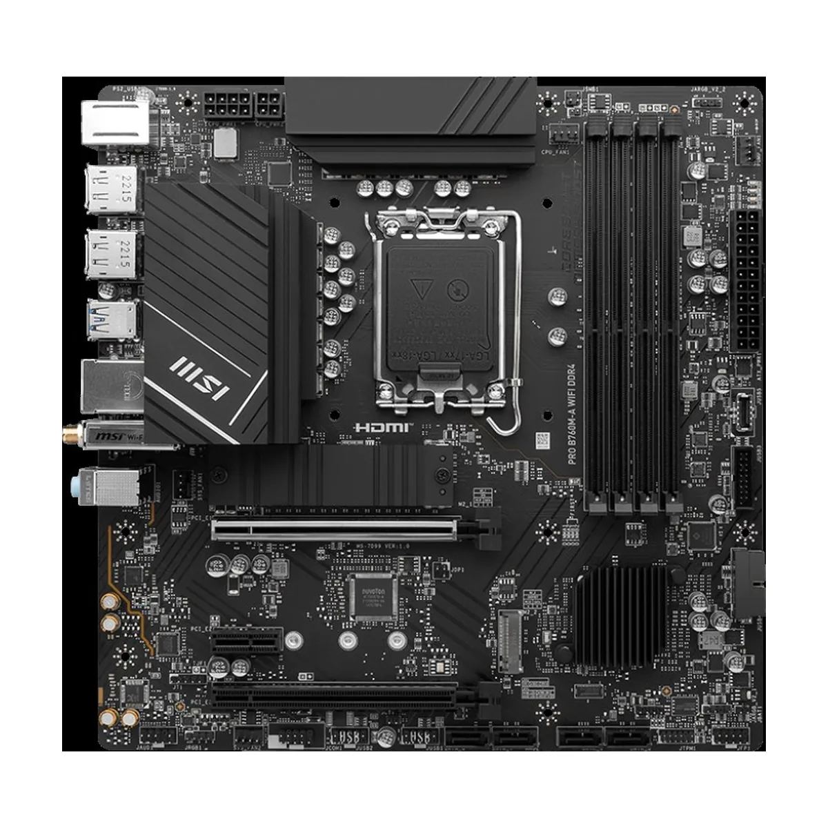 Материнская плата MSI PRO B760M-A WIFI, LGA1700, Intel B760, 4xDDR5, 4xSATA, 2xM.2, 2xPCIe x16, 1xPCIe x1, DisplayPort, HDMI, 1x2.5Gb LAN, 3x3.5 мм, 7.1, microATX