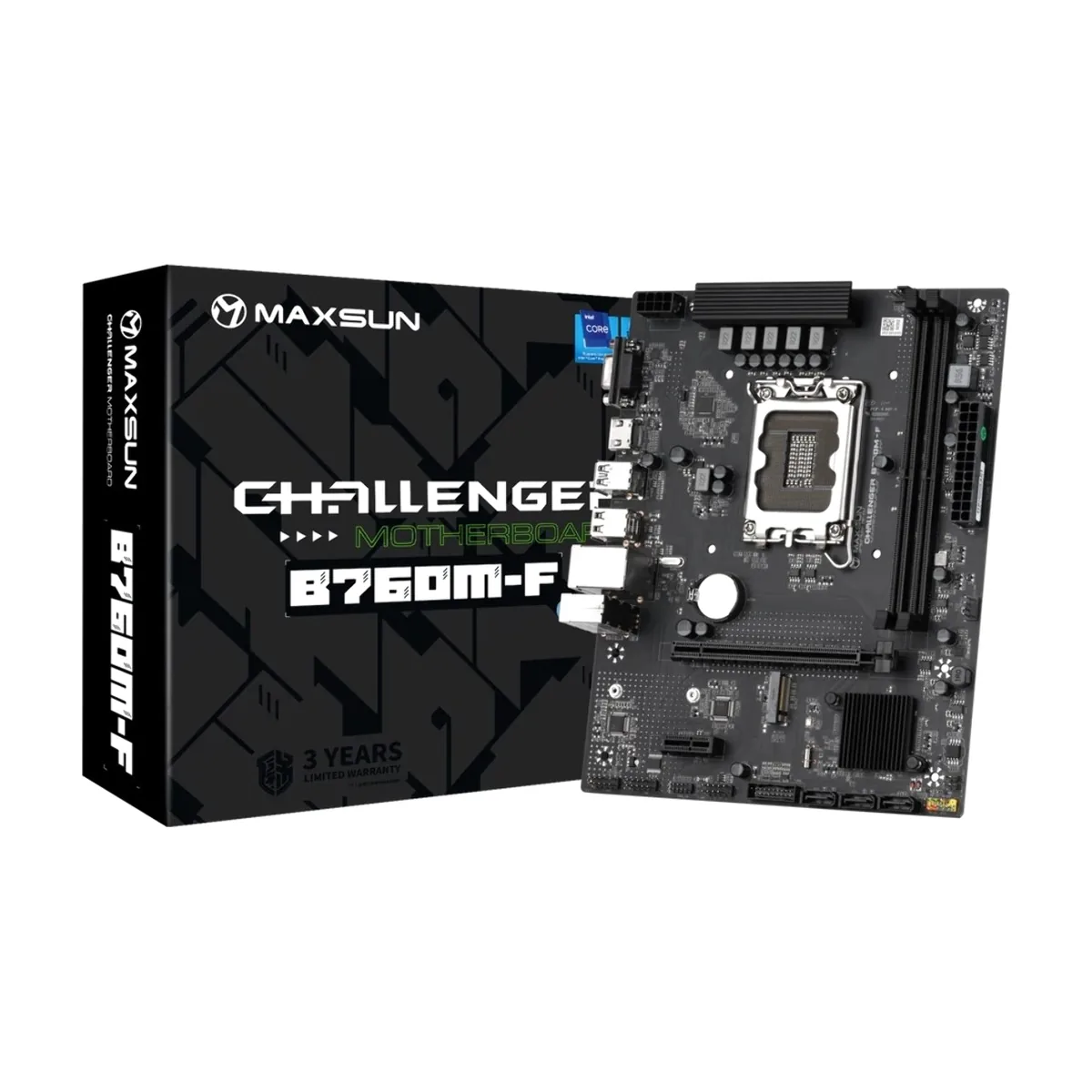 Материнская плата Maxsun Challenger B760M-F, LGA 1700, Intel B760, 2xDDR4, 3xSATA III, 2xM.2, 1xPCIe 4.0 x16, 1xHDMI, 1xVGA, 1xRJ-45 1Gb LAN, 2xUSB 3.2 Gen 1, 4xUSB 2.0, 3x3.5 мм, 5.1, mATX