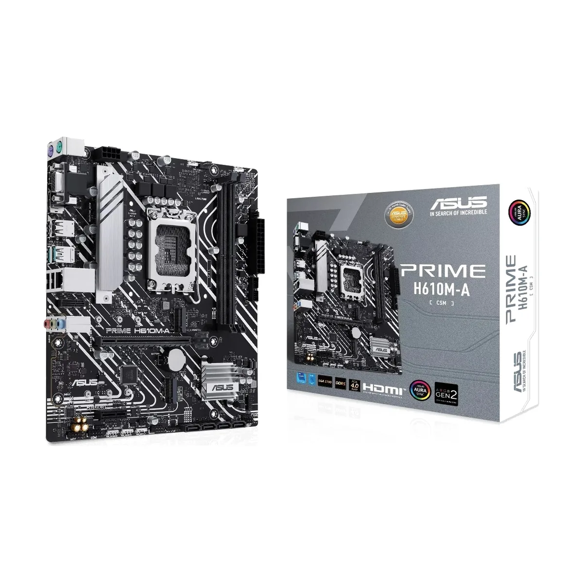 Материнская плата ASUS PRIME H610M-A-CSM, LGA1700, Intel H610, 2xDDR5, 4xSATA 6Gb/s, 2xM.2 PCIe 3.0, 1xPCIe 4.0 x16, 1xPCIe 3.0 x1, 1xDisplayPort, 1xHDMI, 1xVGA, 1x 1Gb LAN, 2xUSB 3.2 Gen 2, 4xUSB 2.0, 3x3.5 мм, 7.1, microATX