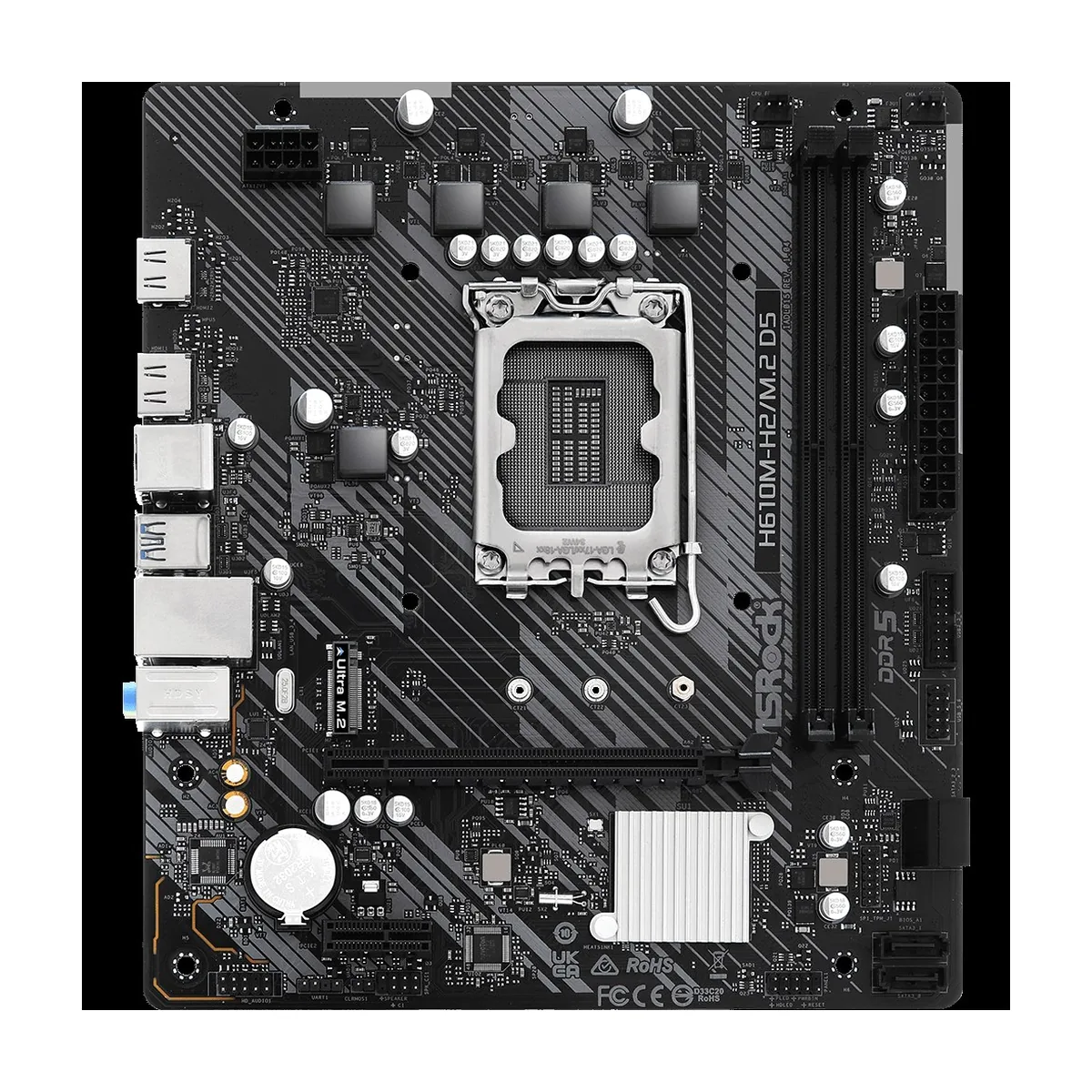 Материнская плата ASRock H610M-H2/M.2 D5, LGA1700, Intel H610, 2xDDR5, 4xSATA, 1xM.2, 1xPCIe 4.0 x16, 1xPCIe 4.0 x1, 2xHDMI, 1x1Gb LAN, USB 3.2 Gen 1, 3x3.5 мм, 7.1, microATX