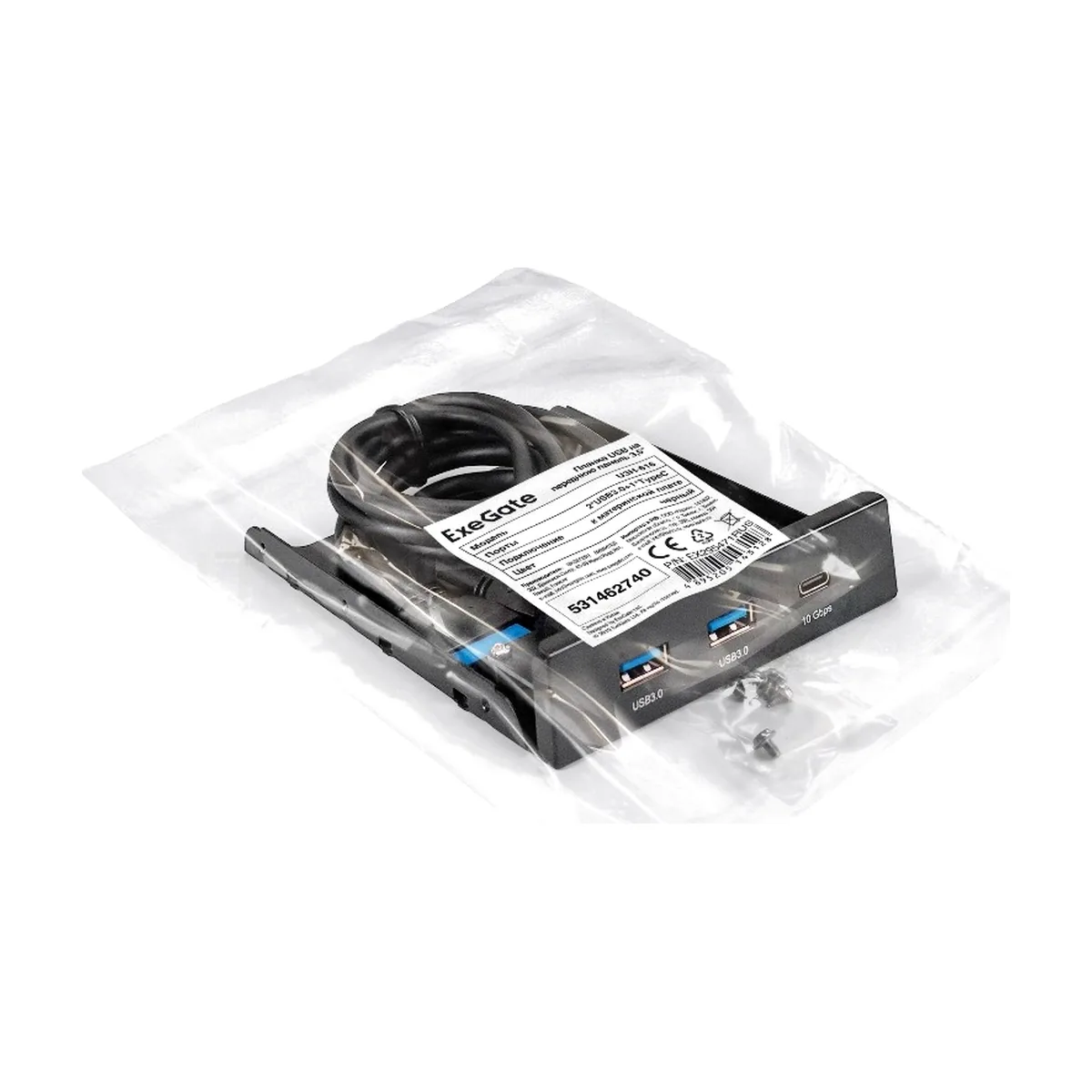 Планка USB на переднюю панель ExeGate U3H-616, 3,5", 2хUSB3.0+1хTypeC, черная, металл, подсоединение к мат. плате