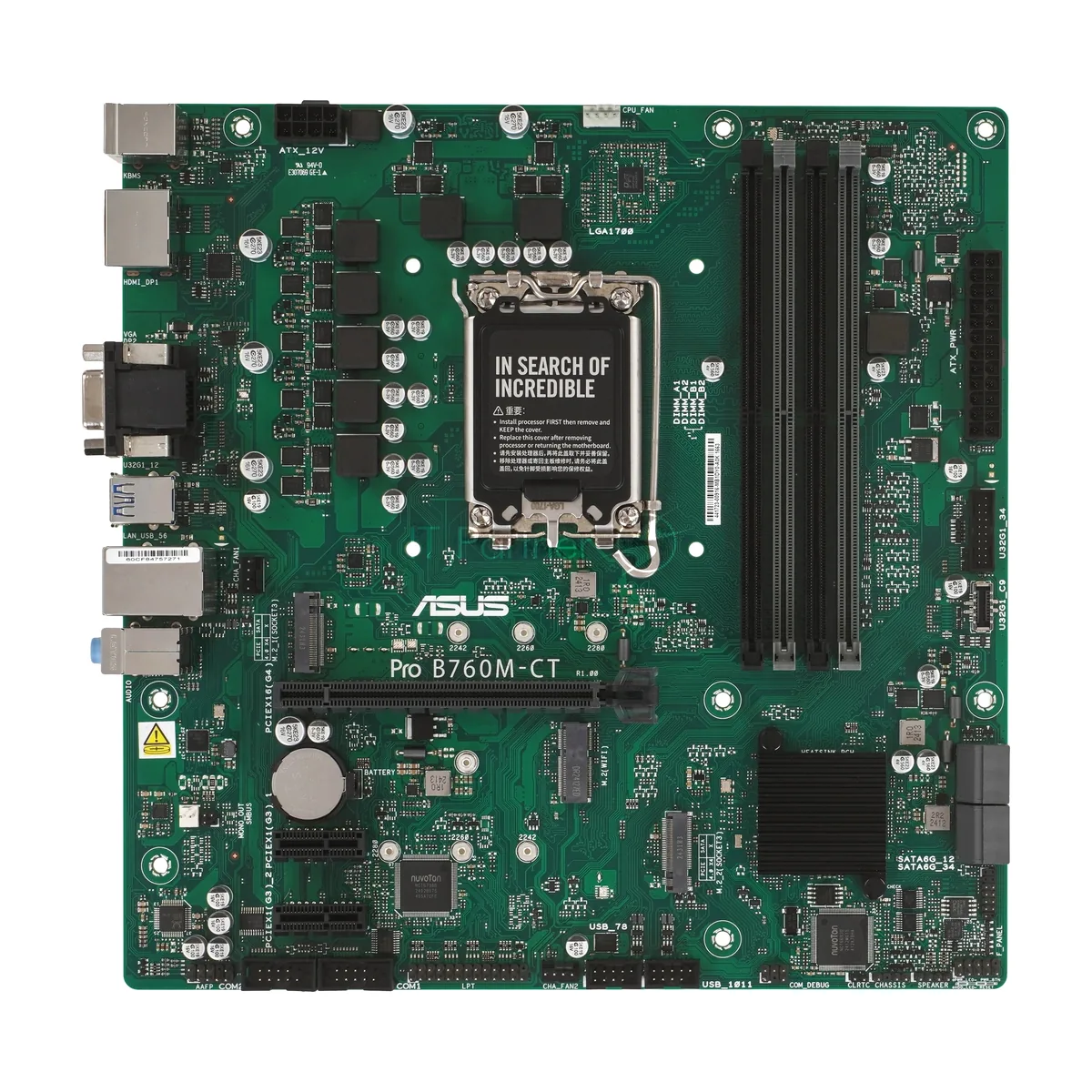 Материнская плата ASUS Pro B760M-CT-CSM, LGA1700, Intel B760, 4xDDR5, 4xSATA, 2xM.2, 1xPCIe 4.0 x16, 2xPCIe x1, DisplayPort, HDMI, D-Sub, 1x1Gb LAN, 3x3.5 мм, 7.1, microATX
