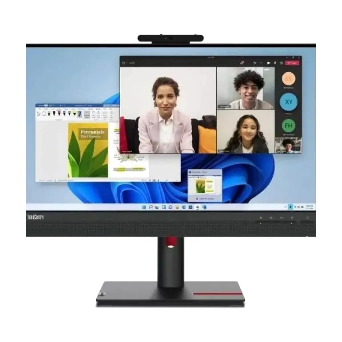 Монитор 23.8" Lenovo TIO24 G5 IPS 1920x1080, 60 Гц, 4 мс, 16:9, 250 кд/м², HDMI, DisplayPort, USB-A, веб-камера, встроенные динамики, Low Blue Light, трехсторонний безрамочный дизайн, регулировка по высоте, поворот на 90 градусов, черный