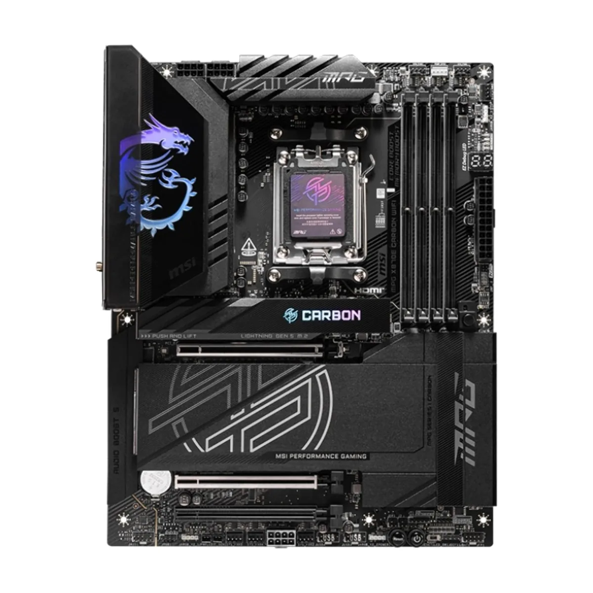 Материнская плата MSI MPG X870E CARBON WIFI, AM5, AMD X870E, 4xDDR5, 4xSATA, 4xM.2, 1xPCIe 5.0 x16, HDMI, USB Type-C, 2x5Gb LAN, 2x3.5 мм, 7.1, ATX
