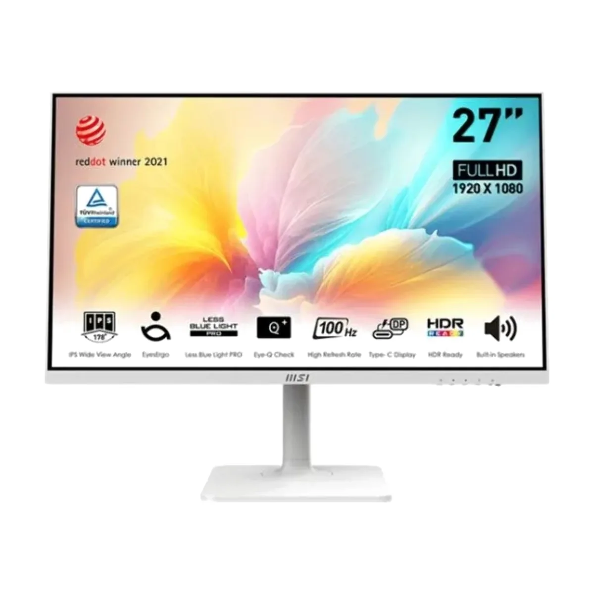 Монитор 27" MSI Modern MD2712PW IPS 1920x1080, 100 Гц, 4 мс (GtG), 16:9, 300 кд/м², HDMI, USB-C (15 Вт), встроенные динамики (2x3 Вт), Flicker Free, Low Blue Light, Adaptive-Sync, регулировка по высоте, поворотная подставка, портретный режим, белый